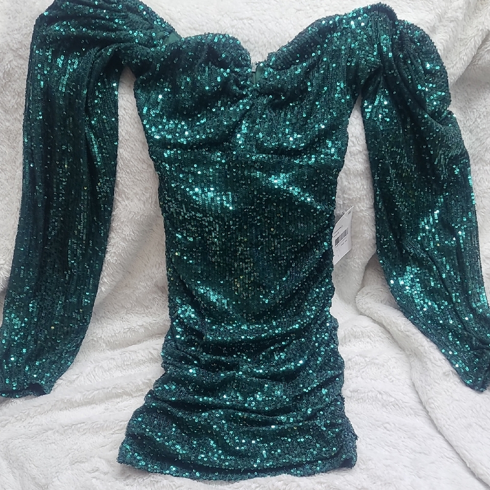 Emerald Green Sequin And Red Off-Shoulder Dress